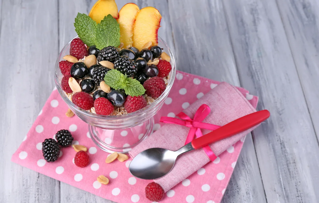 Photo wallpaper raspberry, berry, spoon, nuts, peach, currants, BlackBerry