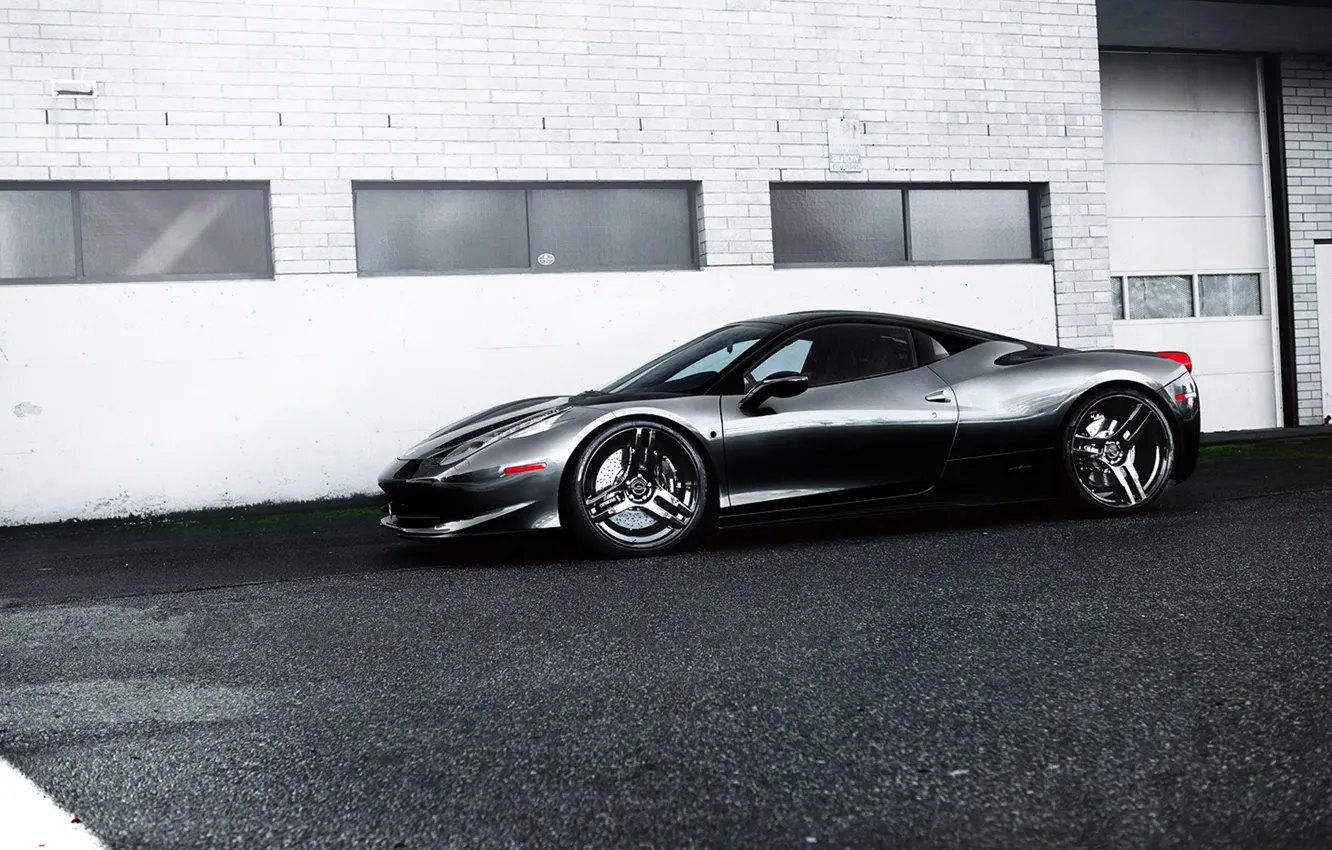 Photo wallpaper grey, black, the building, Windows, profile, wheels, ferrari, Ferrari