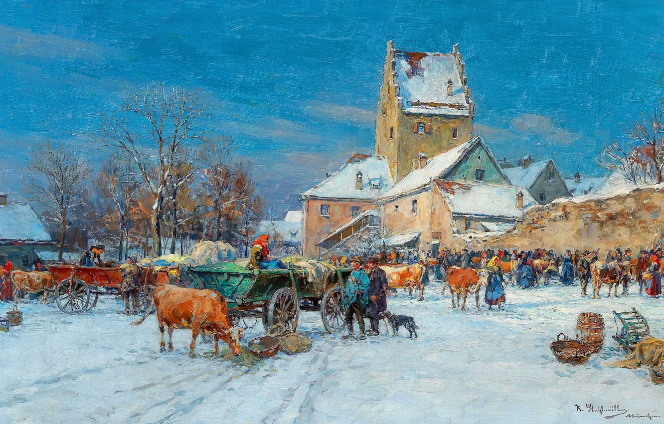 Photo wallpaper Home, Winter, People, Picture, Cows, Cattle, Carl Stuhlmuller, Karl Chair Müller