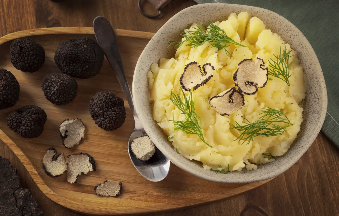 Photo wallpaper mushrooms, bowl, truffles, mashed potatoes