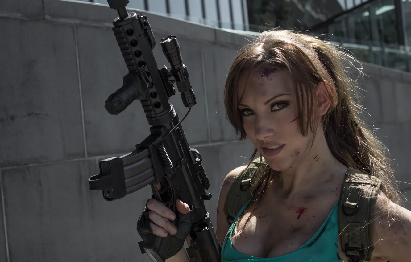 Photo wallpaper girl, weapons, blood, machine, cosplay, Lara Croft