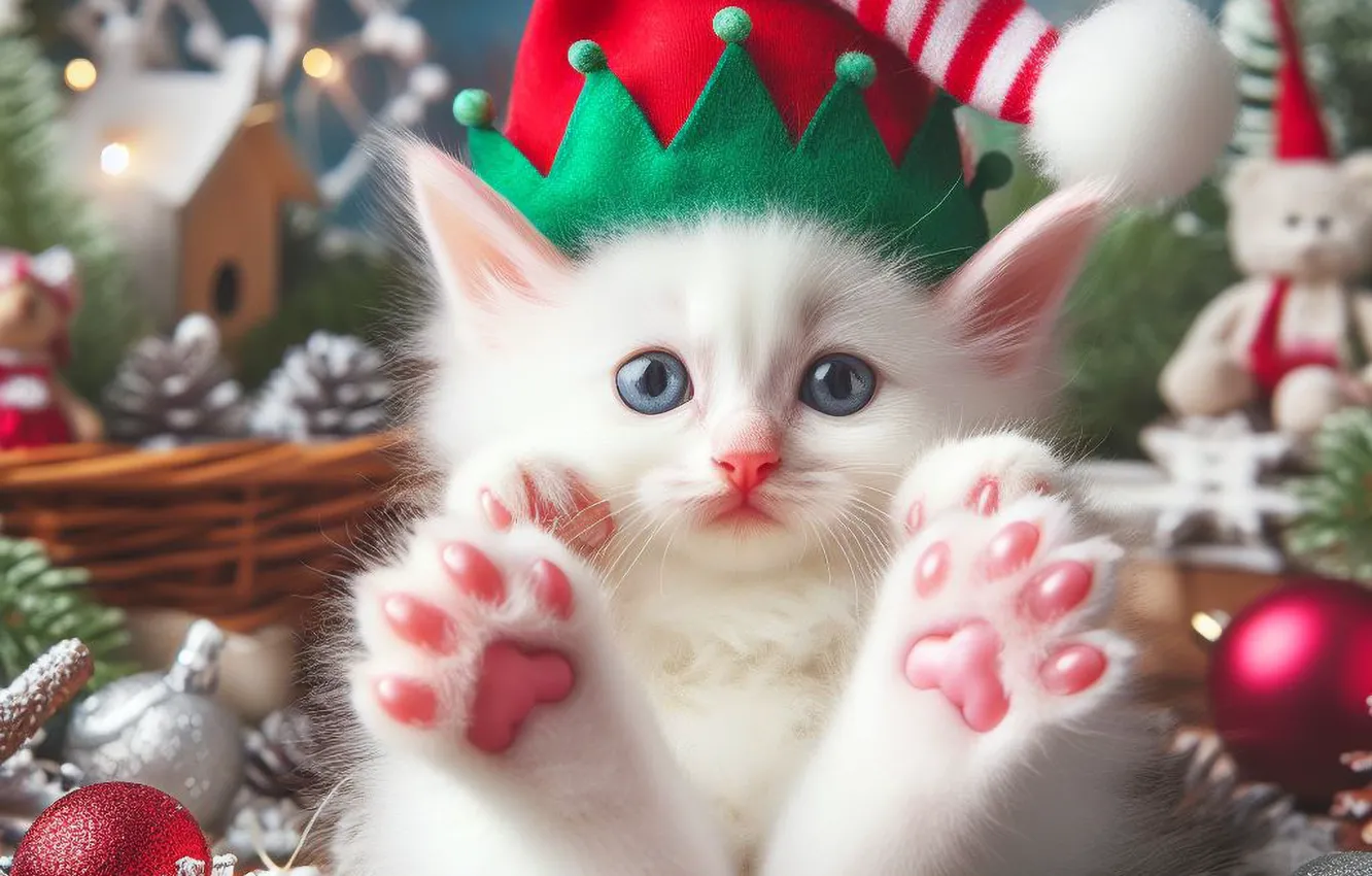 Photo wallpaper cat, white, look, pose, sweetheart, new year, legs, Christmas