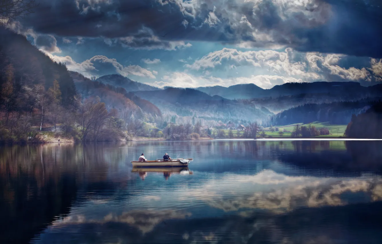 Photo wallpaper lake, reflection, boat