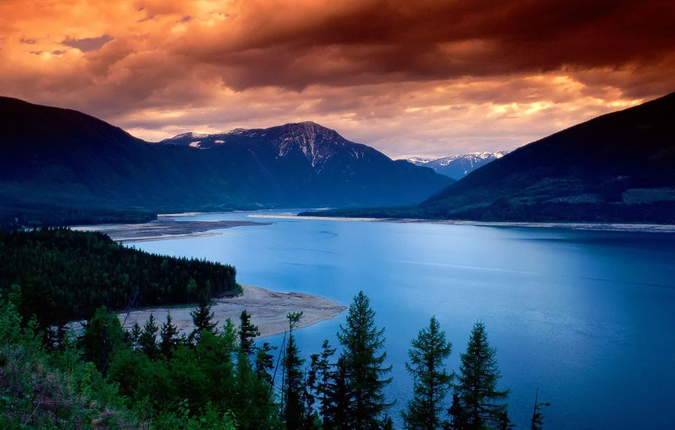 Photo wallpaper trees, mountains, river, Clouds