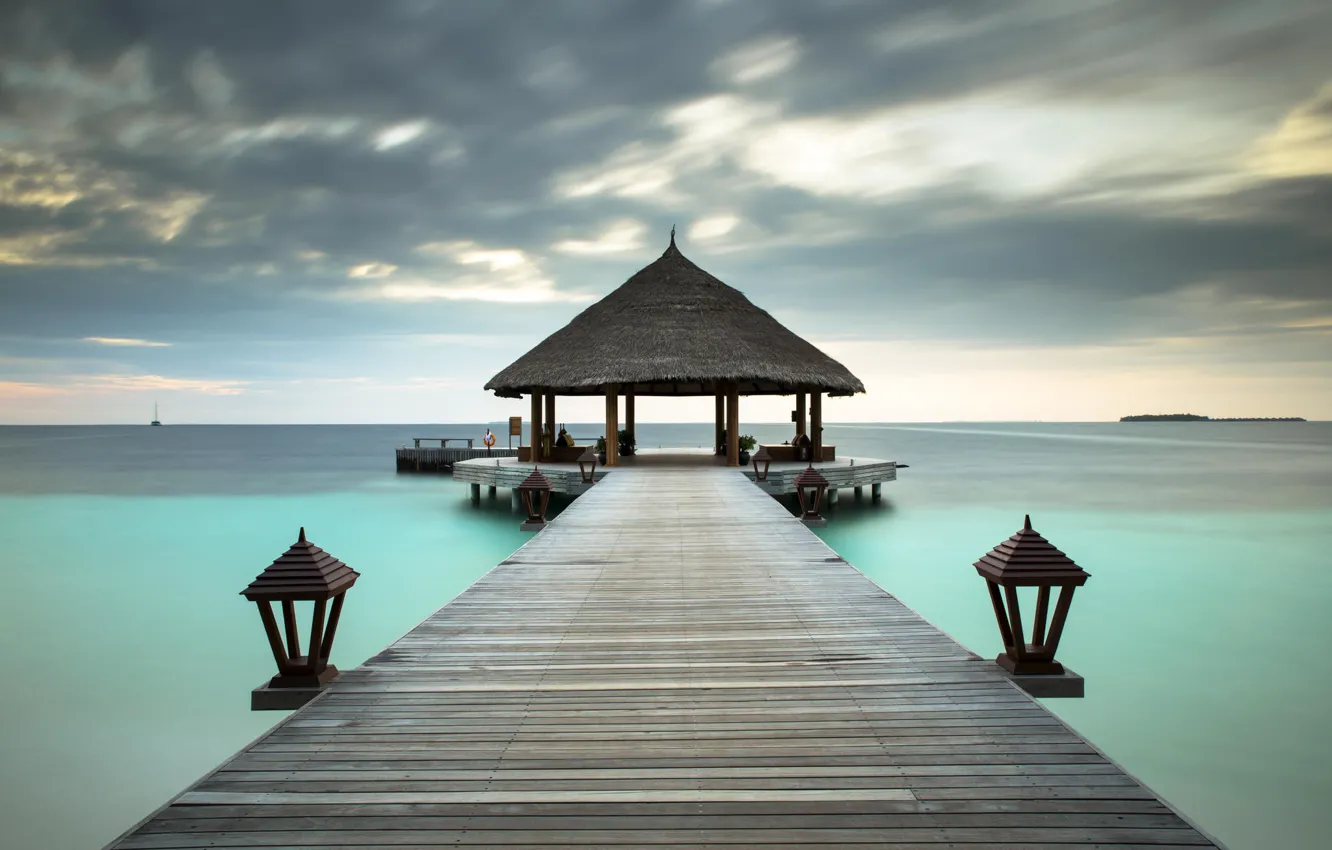 Photo wallpaper the ocean, shore, pierce, The Maldives, resort, Bungalow