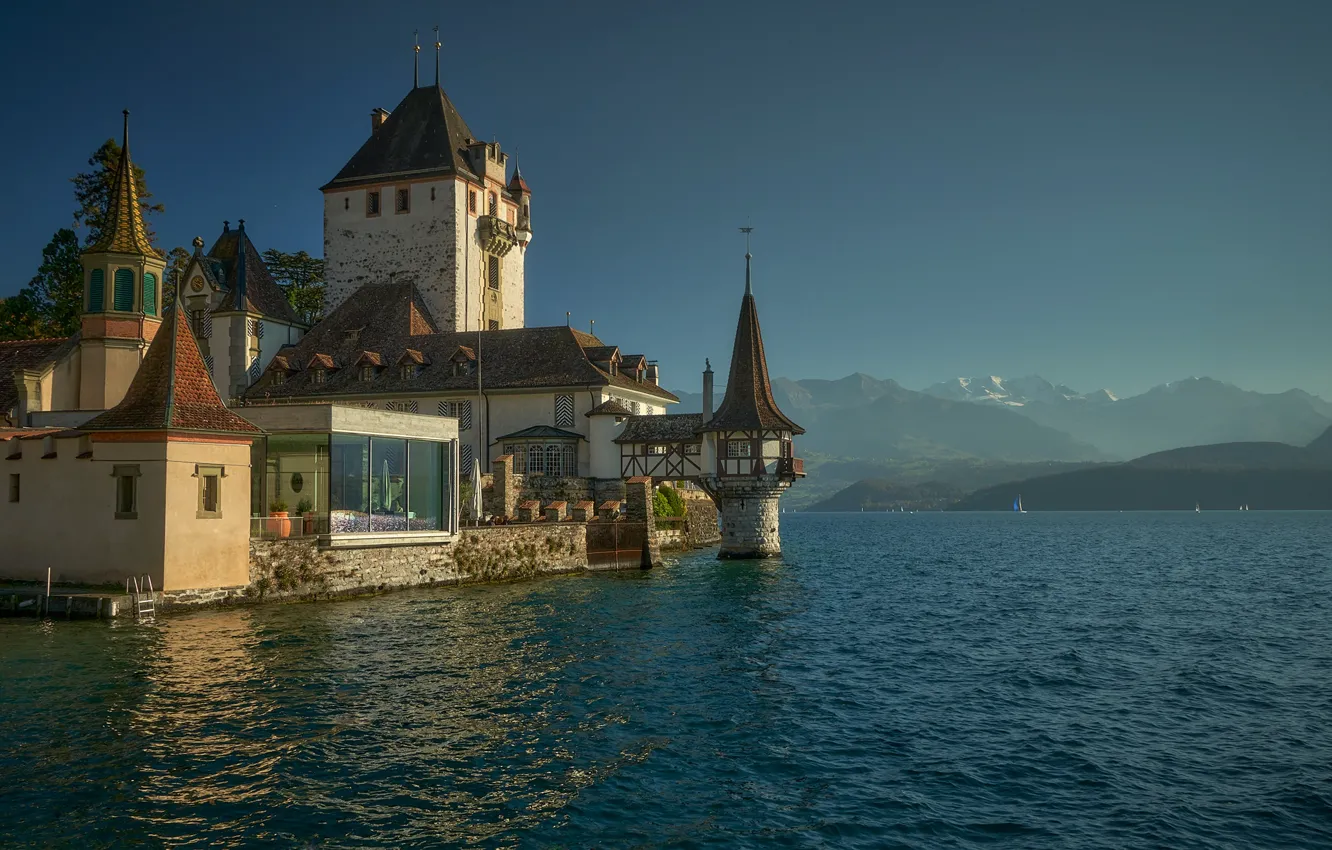 Photo wallpaper landscape, mountains, lake, castle, Switzerland, Oberhofen im Inntal, Lake Thun
