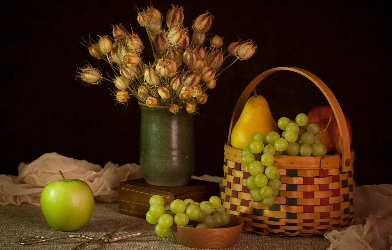 Photo wallpaper flowers, apples, bouquet, grapes, still life, basket