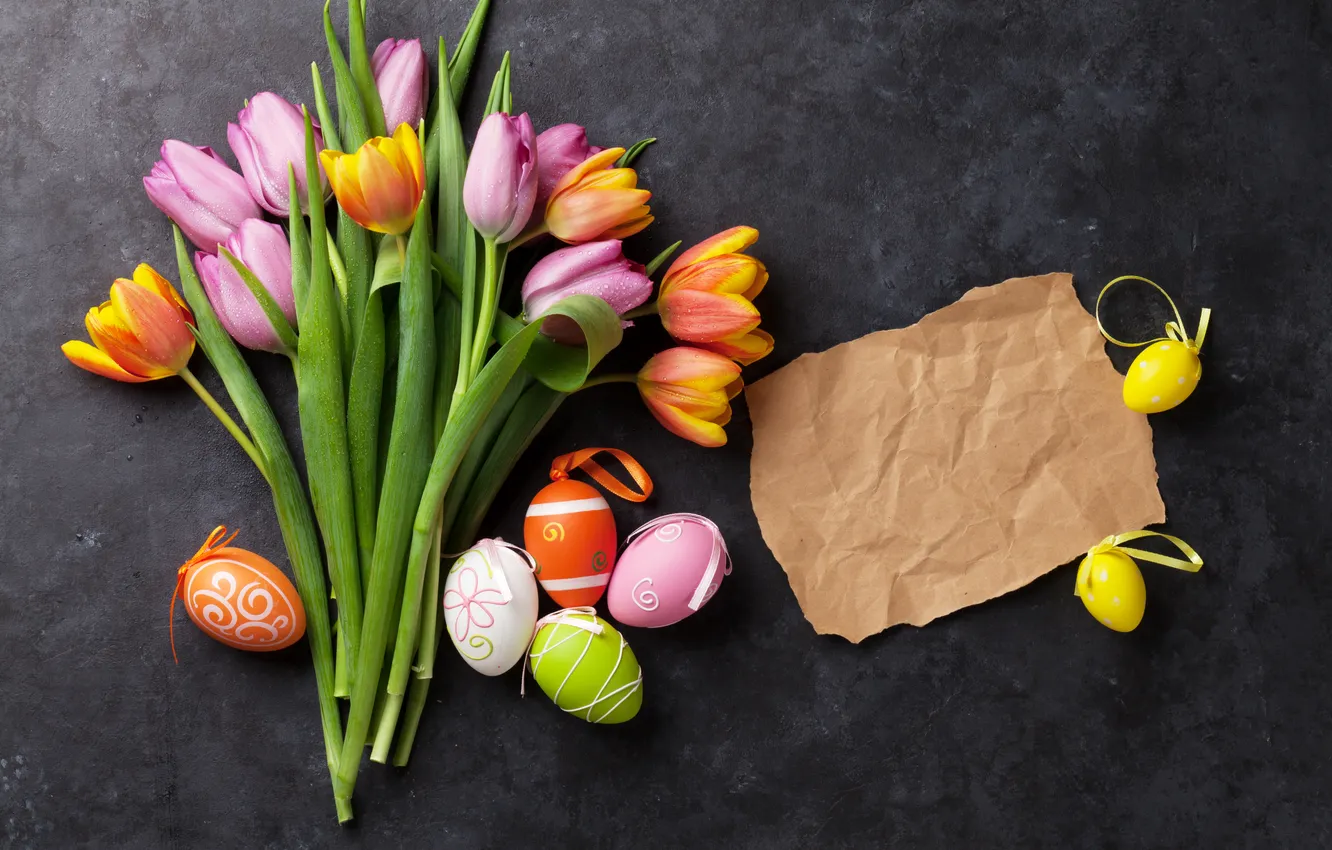 Photo wallpaper flowers, eggs, bouquet, spring, colorful, Easter, tulips, happy