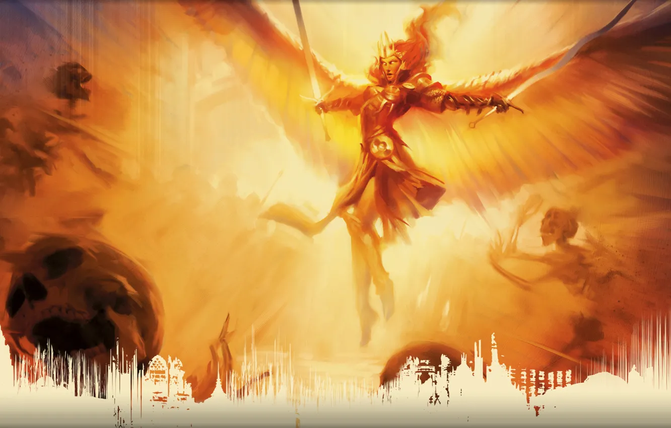 Photo wallpaper girl, wings, red, the battle, swords, skeletons, Magic The Gathering, fury