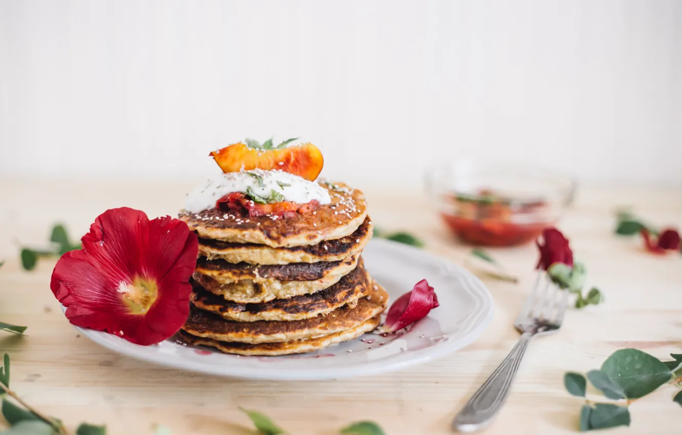 Photo wallpaper Breakfast, wood, cakes, sour cream, pancakes