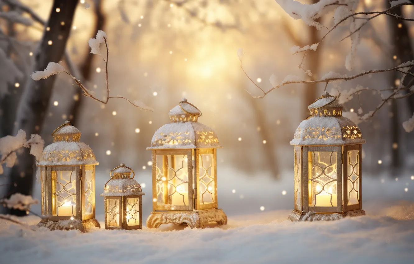 Photo wallpaper winter, snow, night, Park, lights, Christmas, night, park