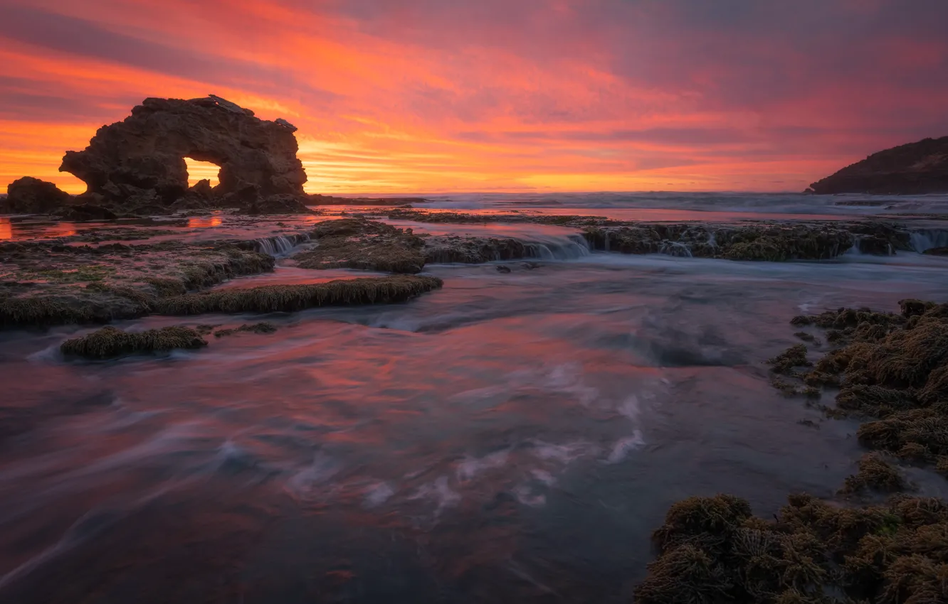Photo wallpaper sea, sunset, rocks, shore