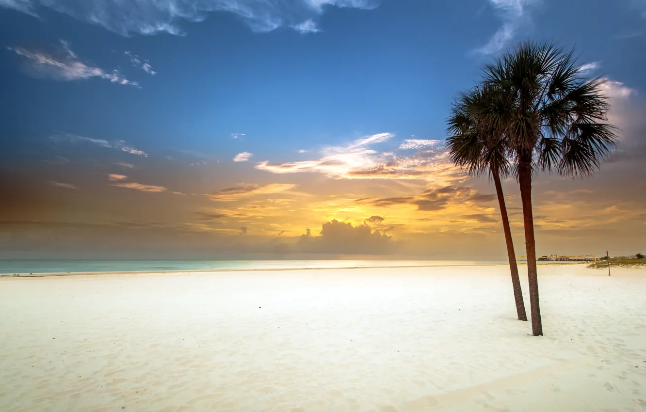 Photo wallpaper sand, white, beach, sunset, palm trees, Bay