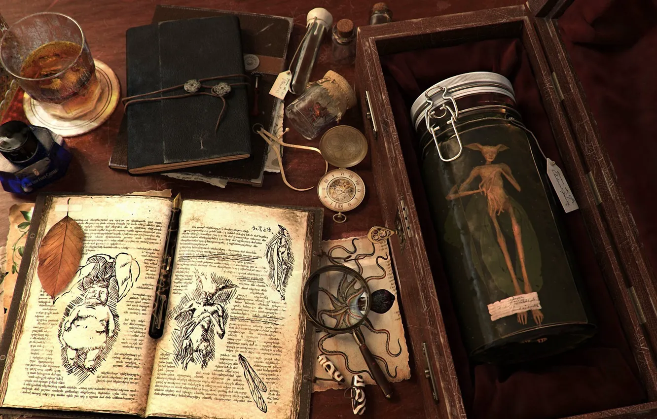 Photo wallpaper glass, table, being, art, Bank, book, records, magnifier