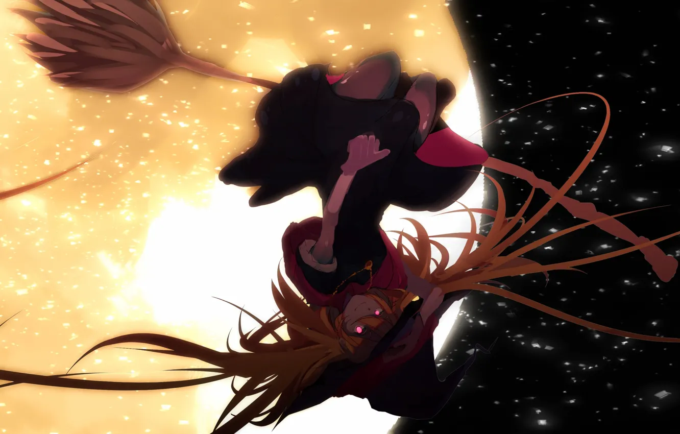 Photo wallpaper girl, flight, night, the moon, hat, anime, art, witch