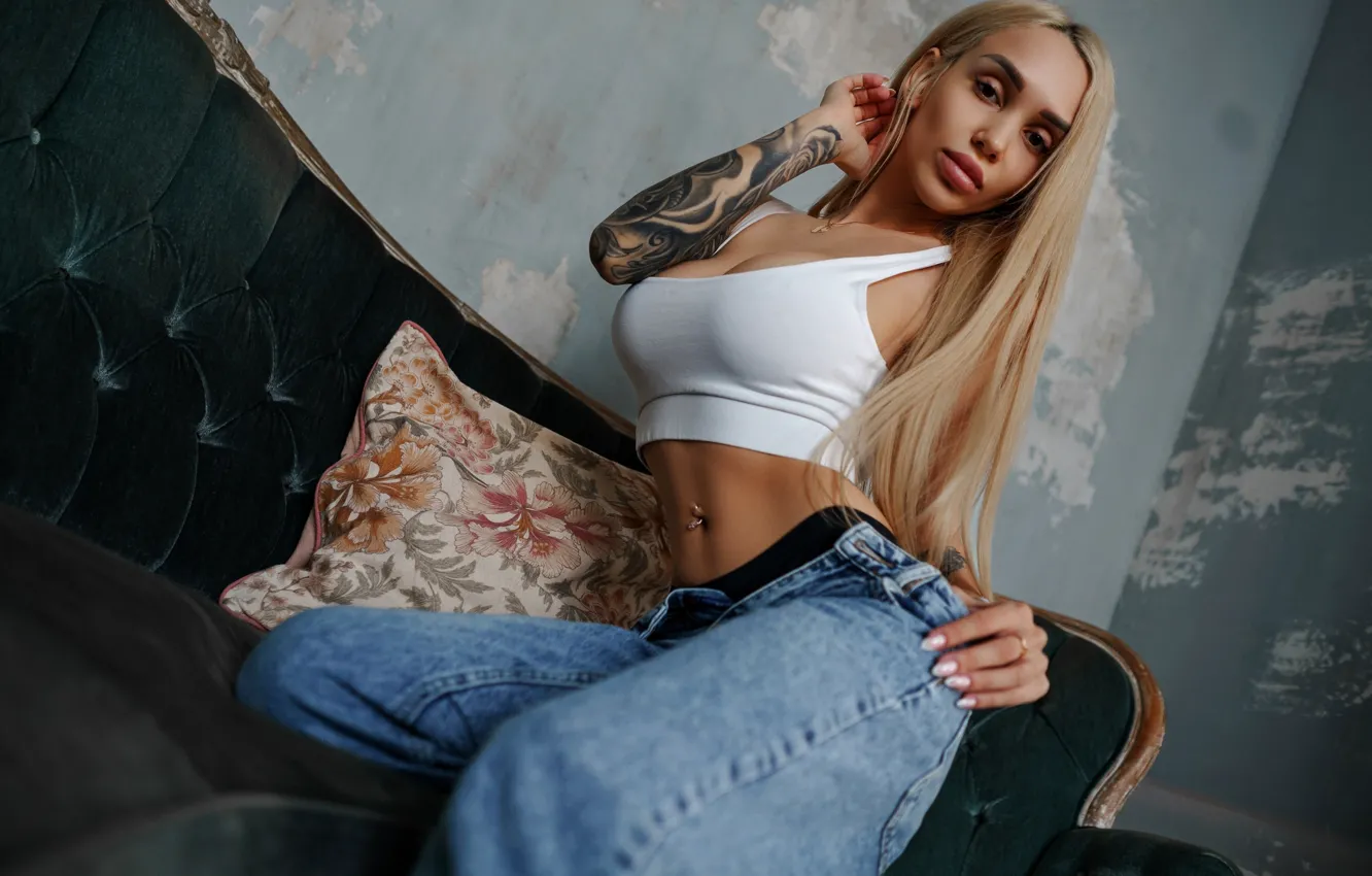 Photo wallpaper girl, pose, jeans, figure, tattoo, blonde, top, long hair