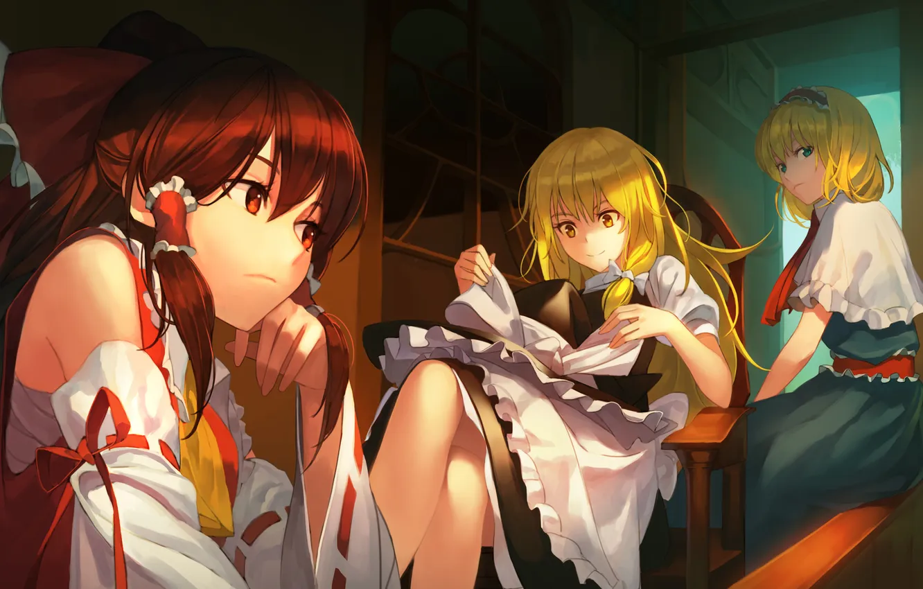 Photo wallpaper girl, smile, calm, hat, touhou, art, kirisame marisa, Alice Margatroid