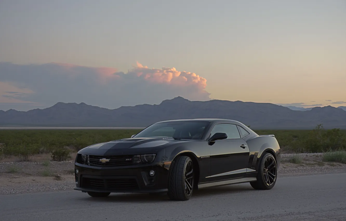 Photo wallpaper road, the sky, clouds, mountains, black, the evening, Chevrolet, black