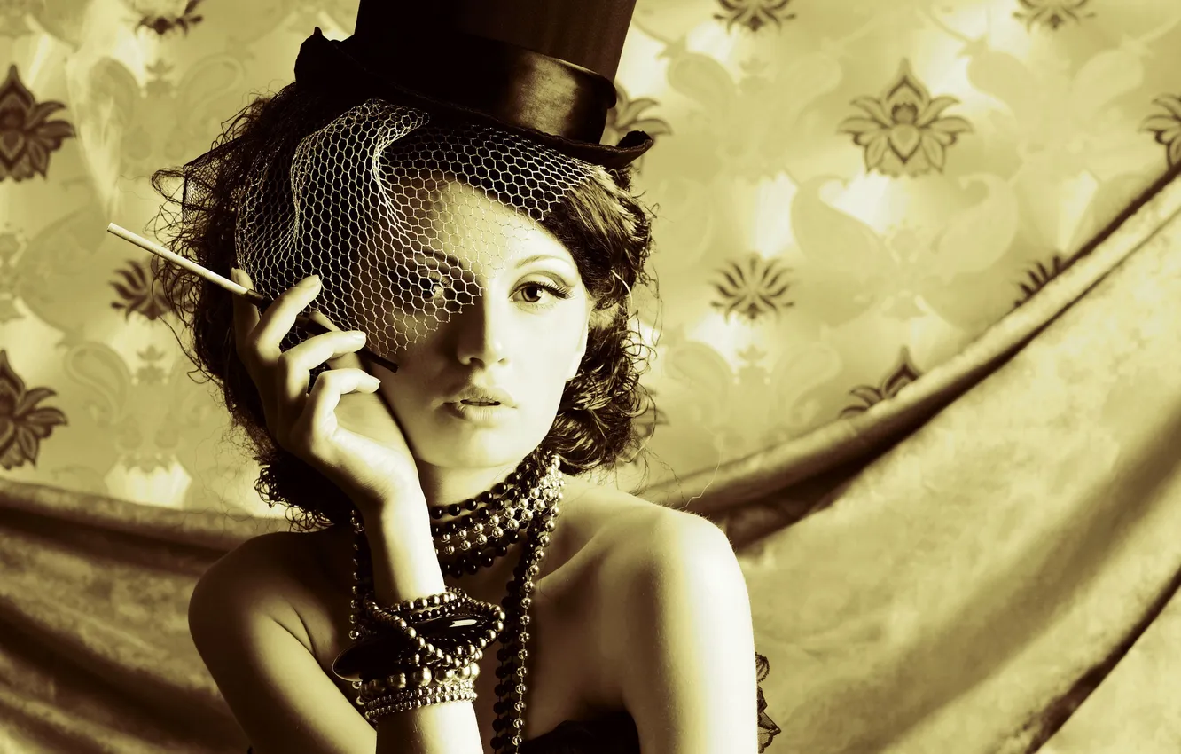 Photo wallpaper look, decoration, retro, photo, hat, veil, attractive, Mademoiselle