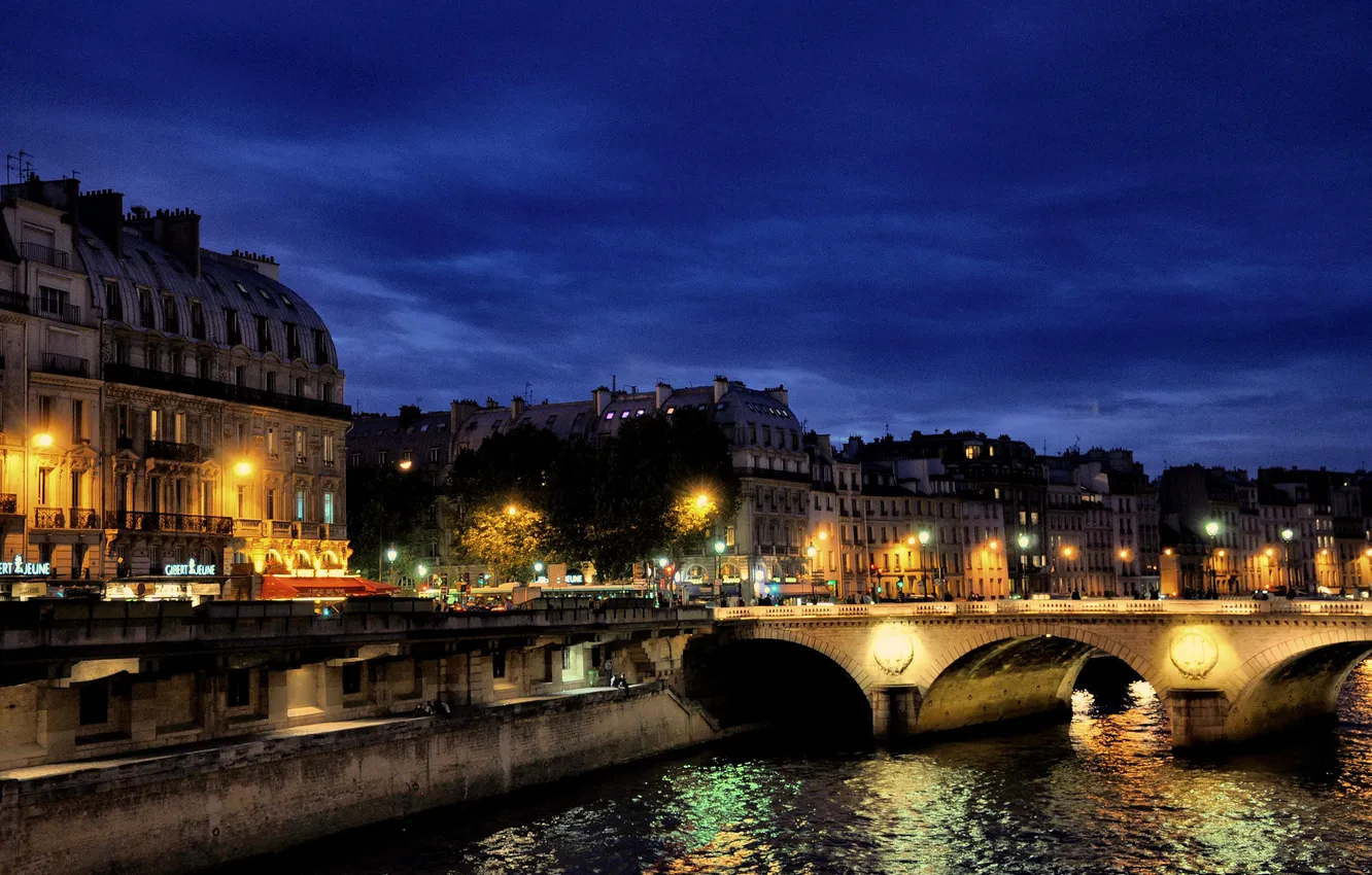 Photo wallpaper night, bridge, lights, reflection, river, Paris