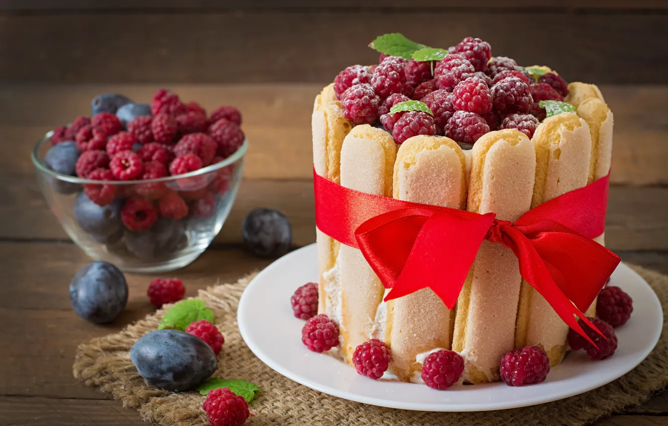 Photo wallpaper berries, raspberry, cake, bow, plum, dessert, Savoiardi