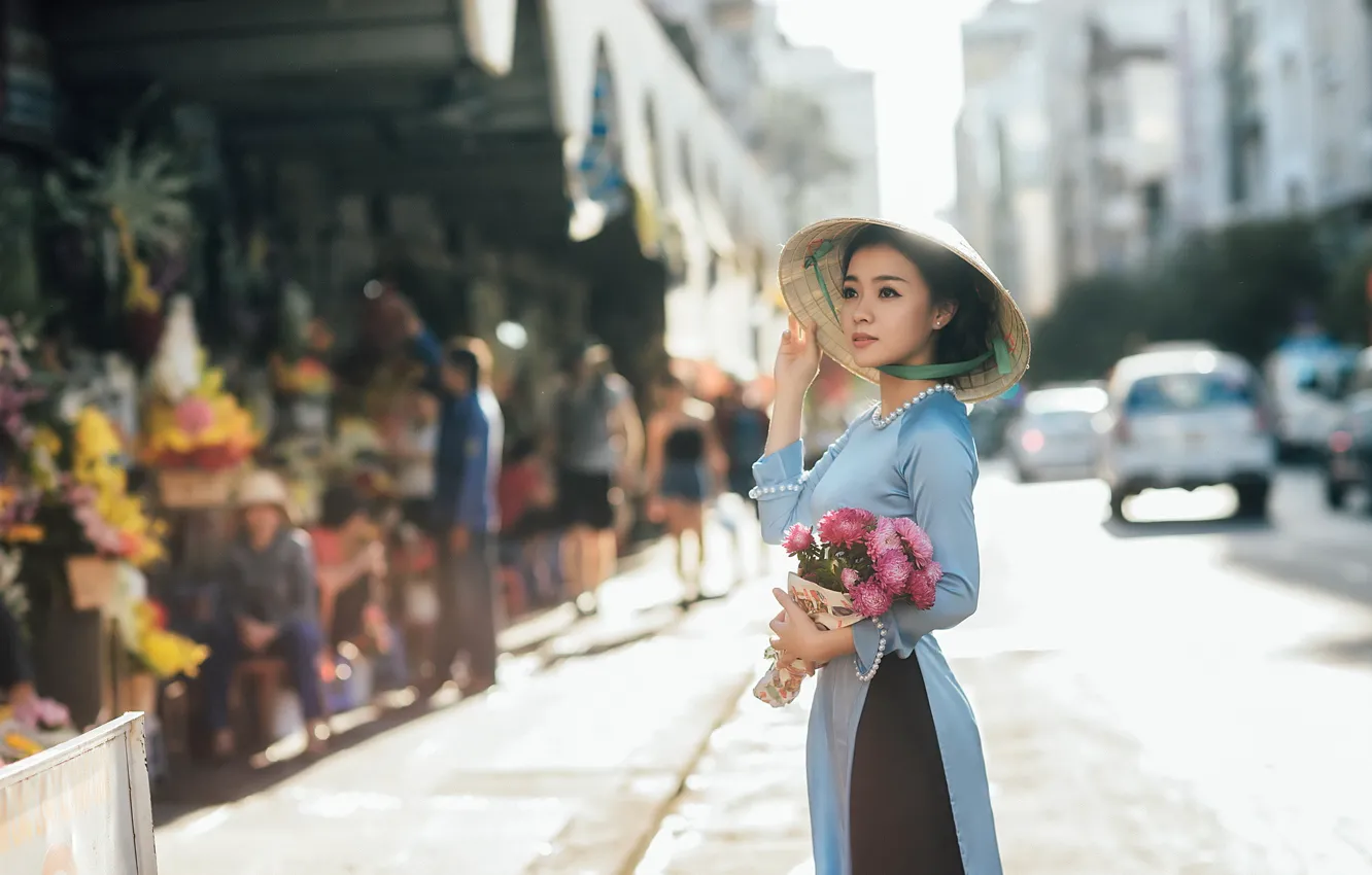 Photo wallpaper girl, flowers, street, Asian