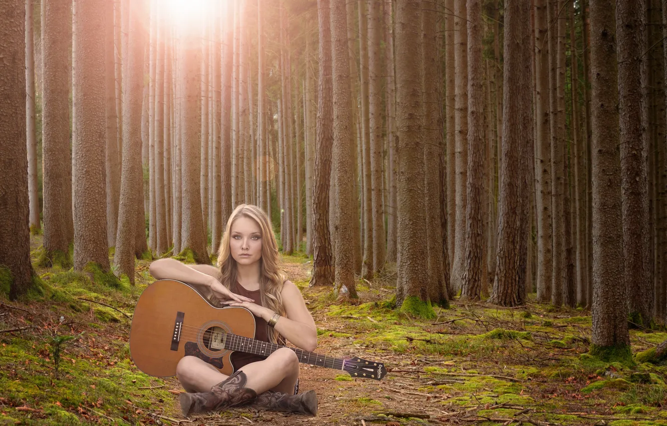 Photo wallpaper forest, girl, guitar