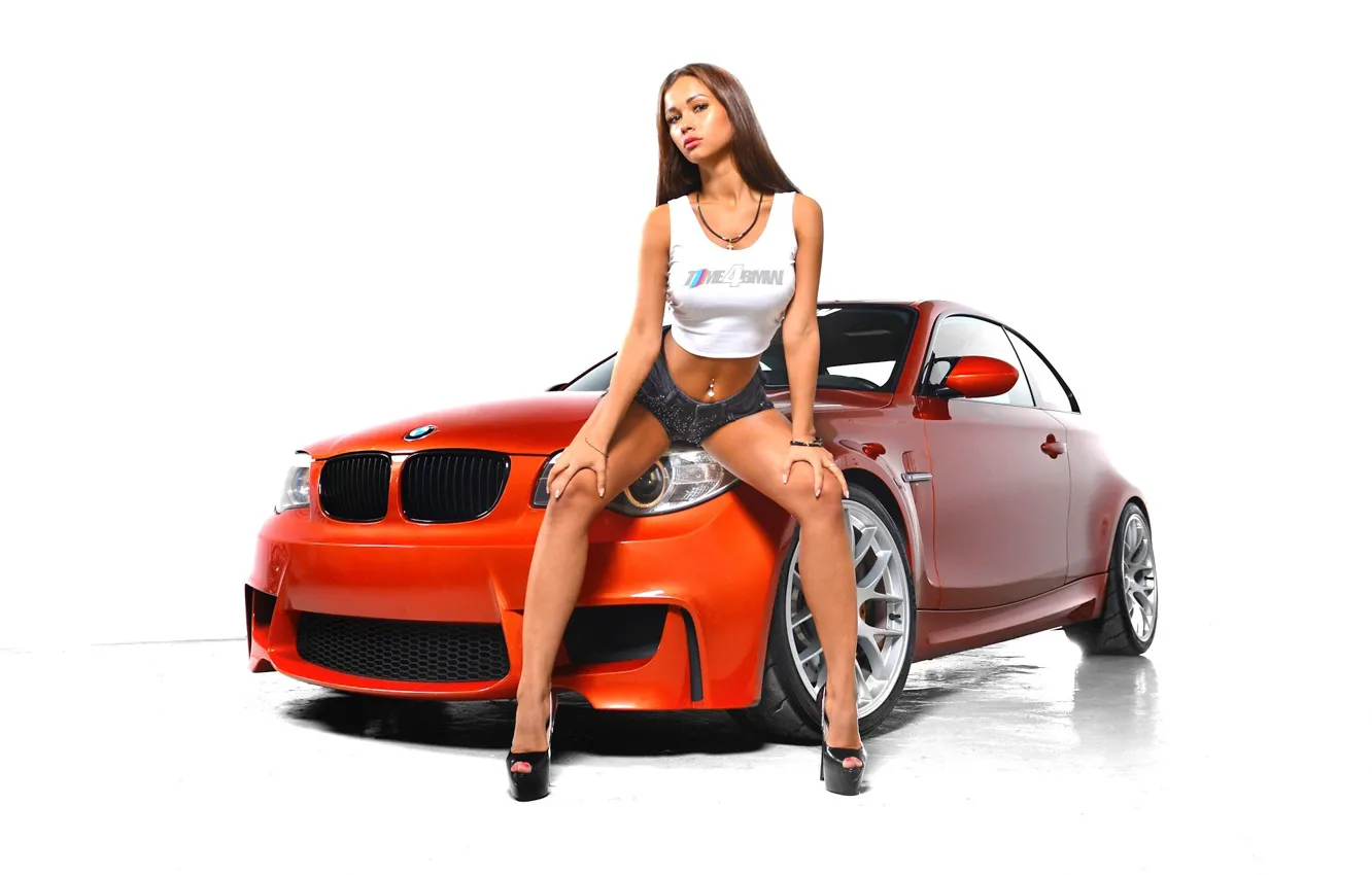 Photo wallpaper Girls, BMW, white background, beautiful girl, orange car, posing on the car