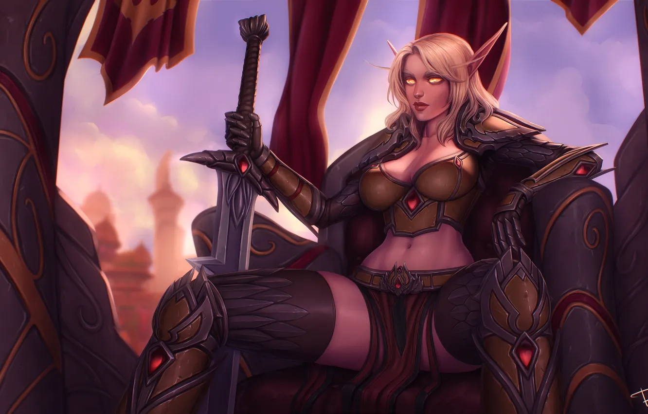Photo wallpaper girl, elf, figure, sword, blonde, World of Warcraft, elf, Blizzard