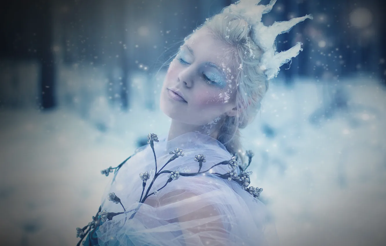 Photo wallpaper cold, ice, girl, snow, flowers, crown, Frozen, snow
