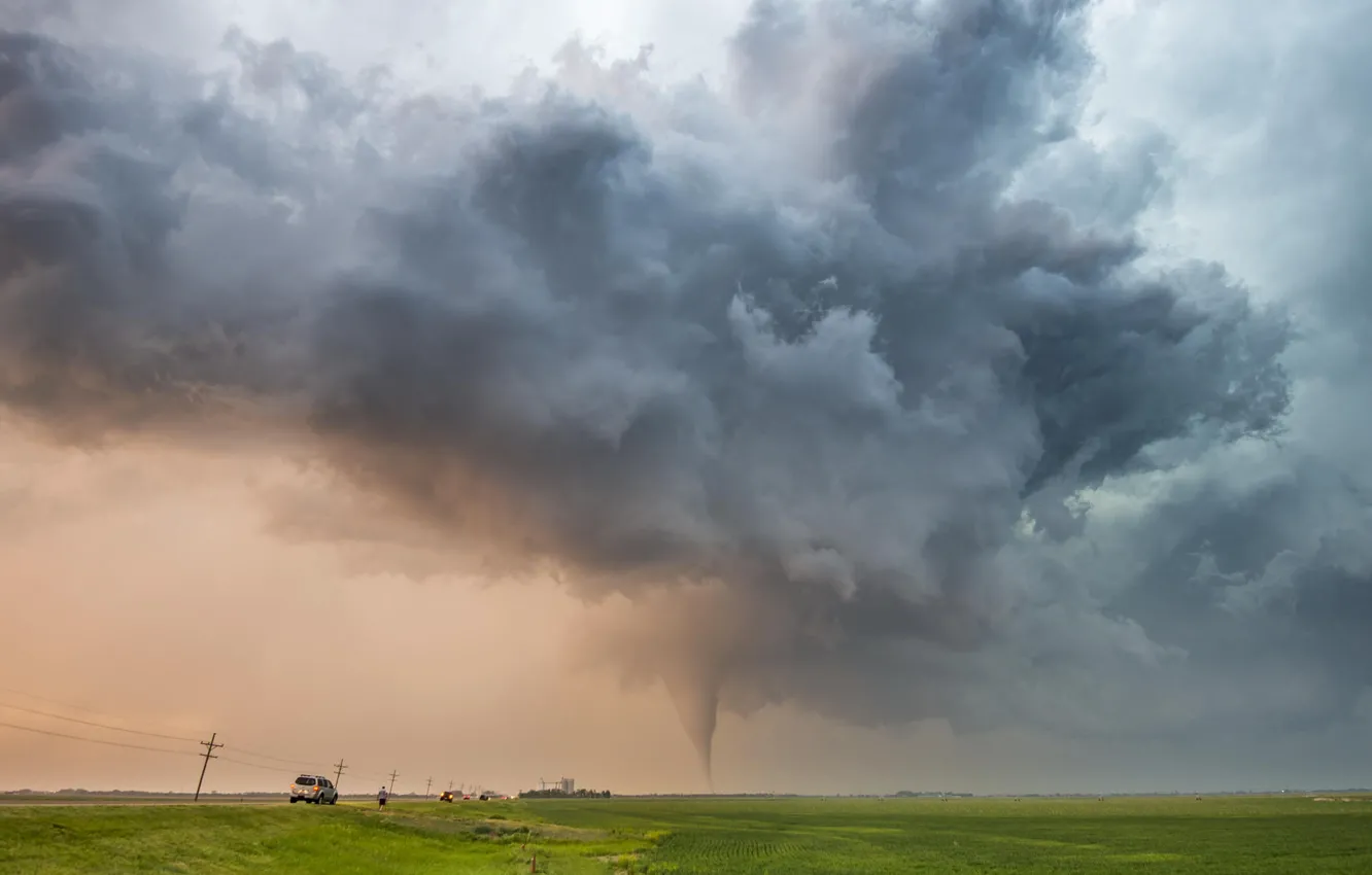 Photo wallpaper road, the storm, field, the sky, clouds, tornado