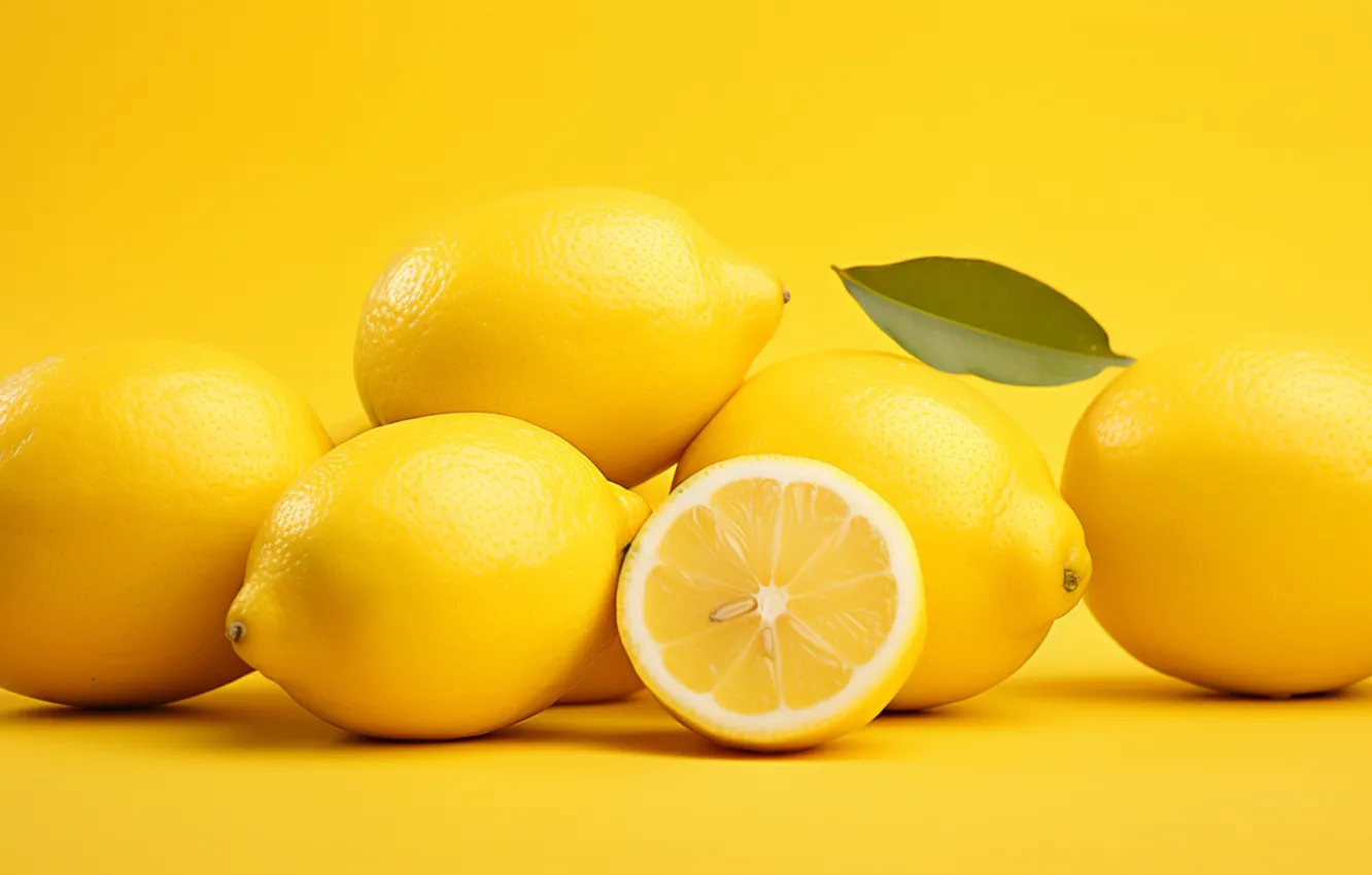 Photo wallpaper leaves, lemon, citrus, yellow background, AI art, neural network