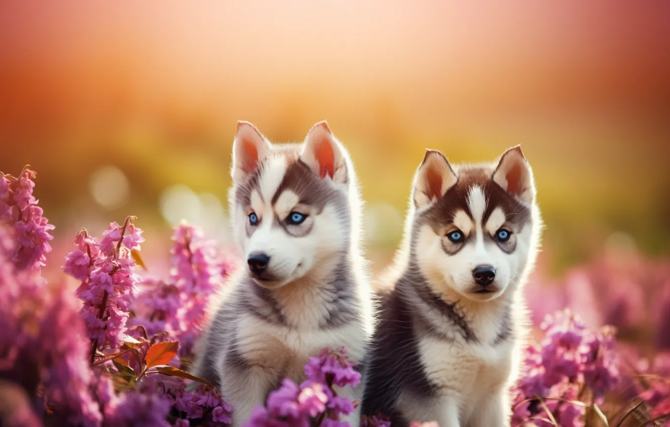 Photo wallpaper look, flowers, dog, puppy, face, husky, two puppies, AI art
