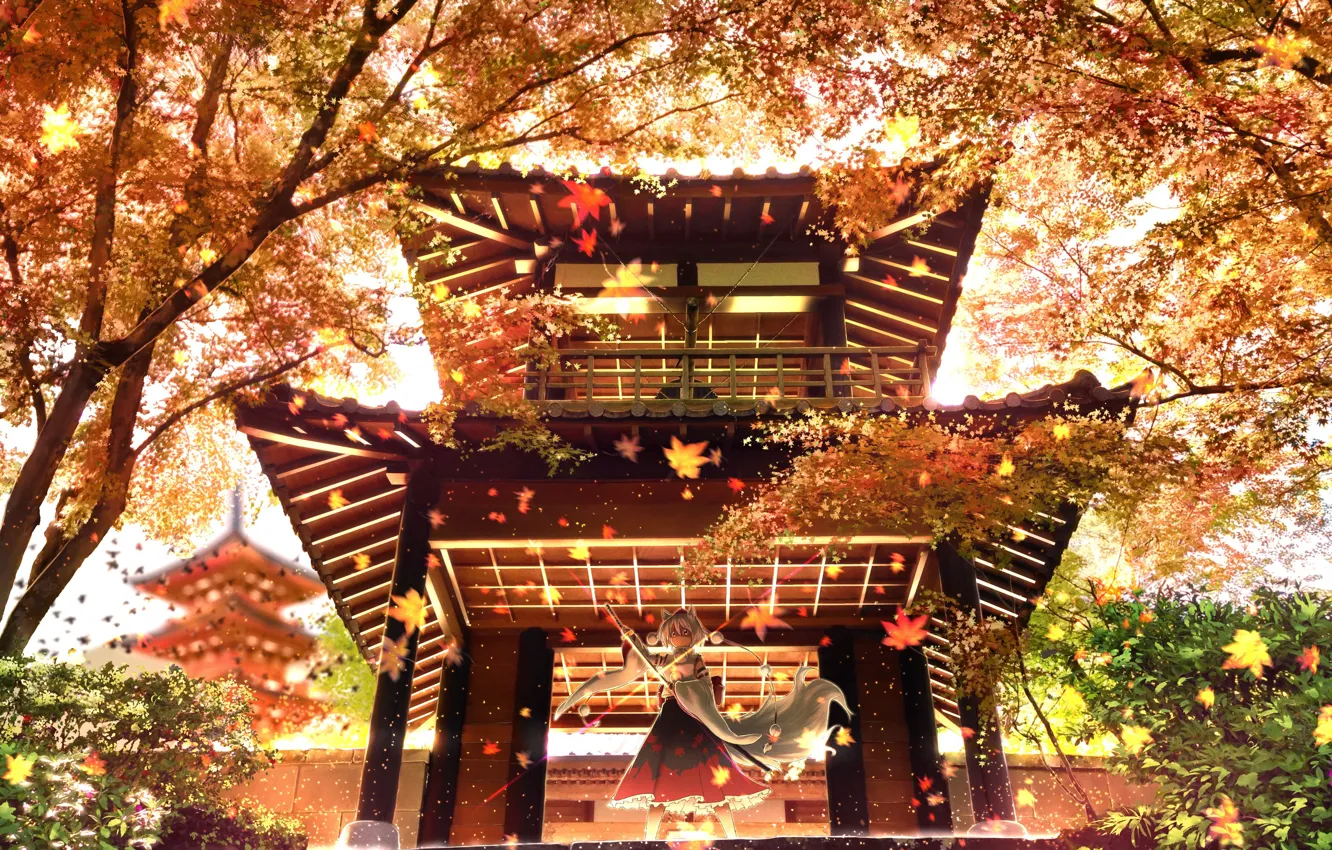 Photo wallpaper autumn, girl, temple, ears, Inubashiri Momiji, Tohou Project