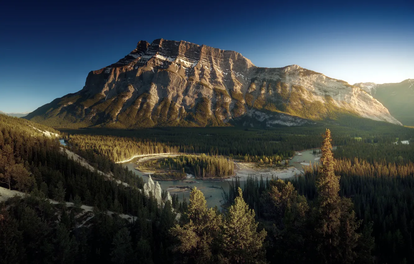 Photo wallpaper forest, light, mountains, river, Canada