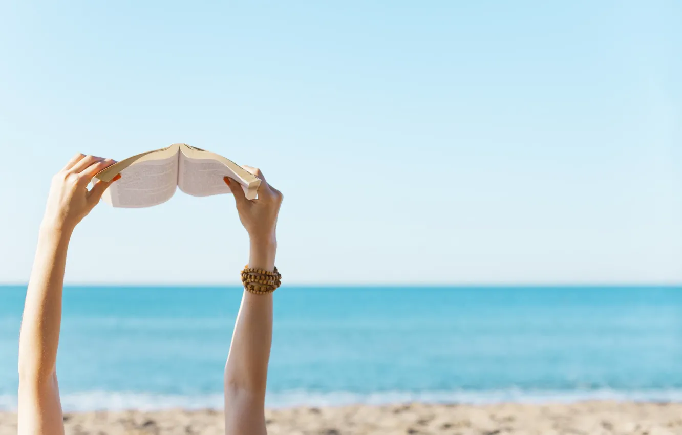 Photo wallpaper sea, beach, summer, girl, hands, book
