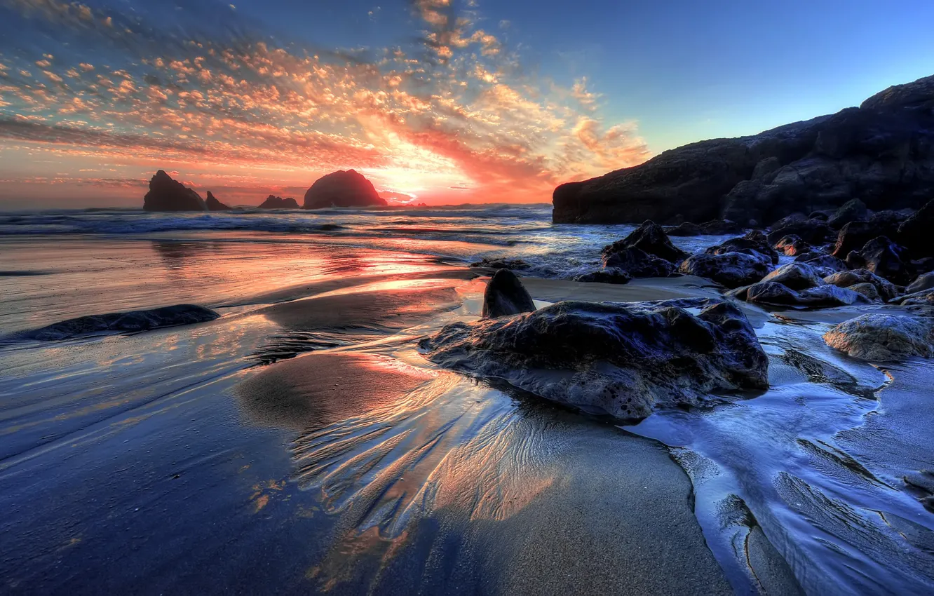 Photo wallpaper Sunset, Sea, Beach, Stones