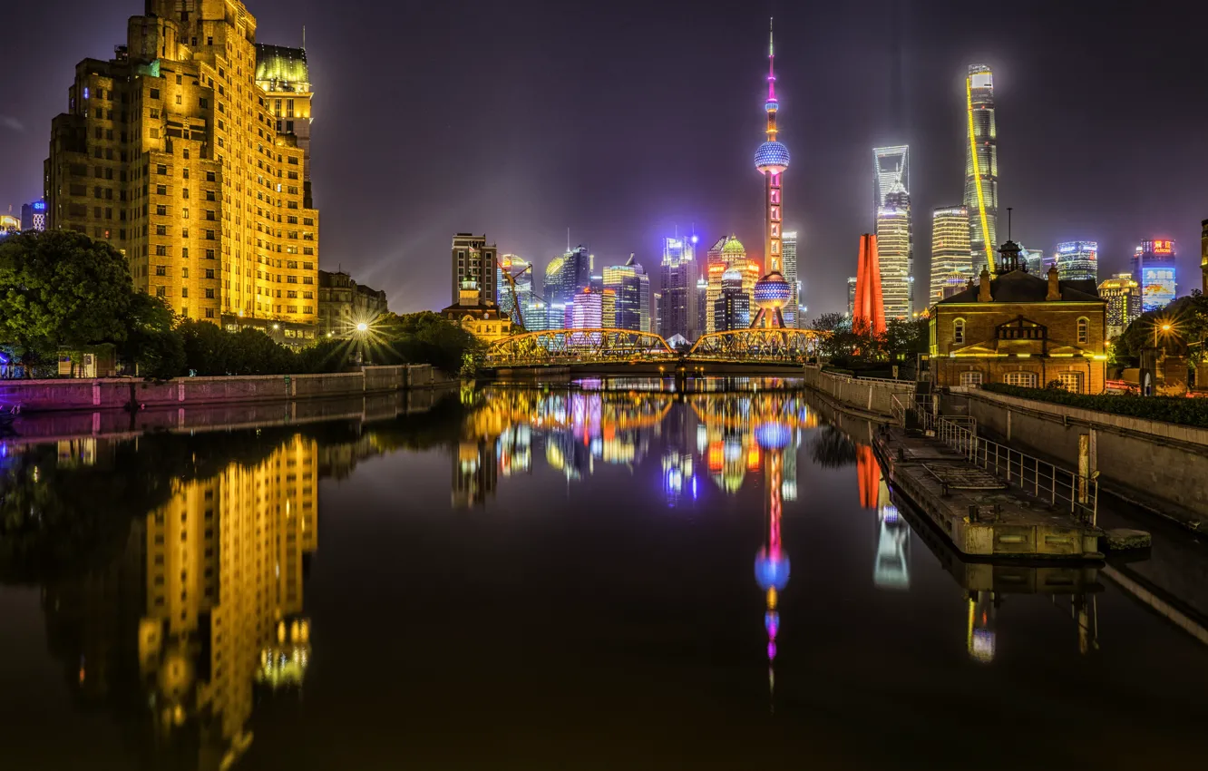 Photo wallpaper bridge, the city, lights, China, building, Marina, pierce, China