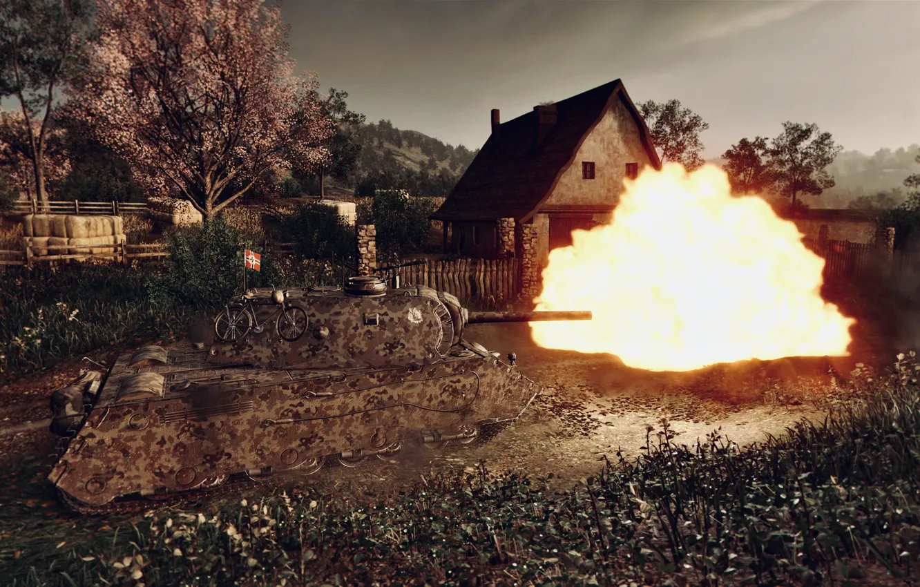Photo wallpaper HDR, House, Fire, Shooting, Tank, World of Tanks, Trees, WOT