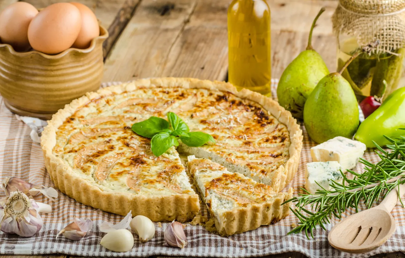 Photo wallpaper greens, eggs, cheese, pie, pear, garlic