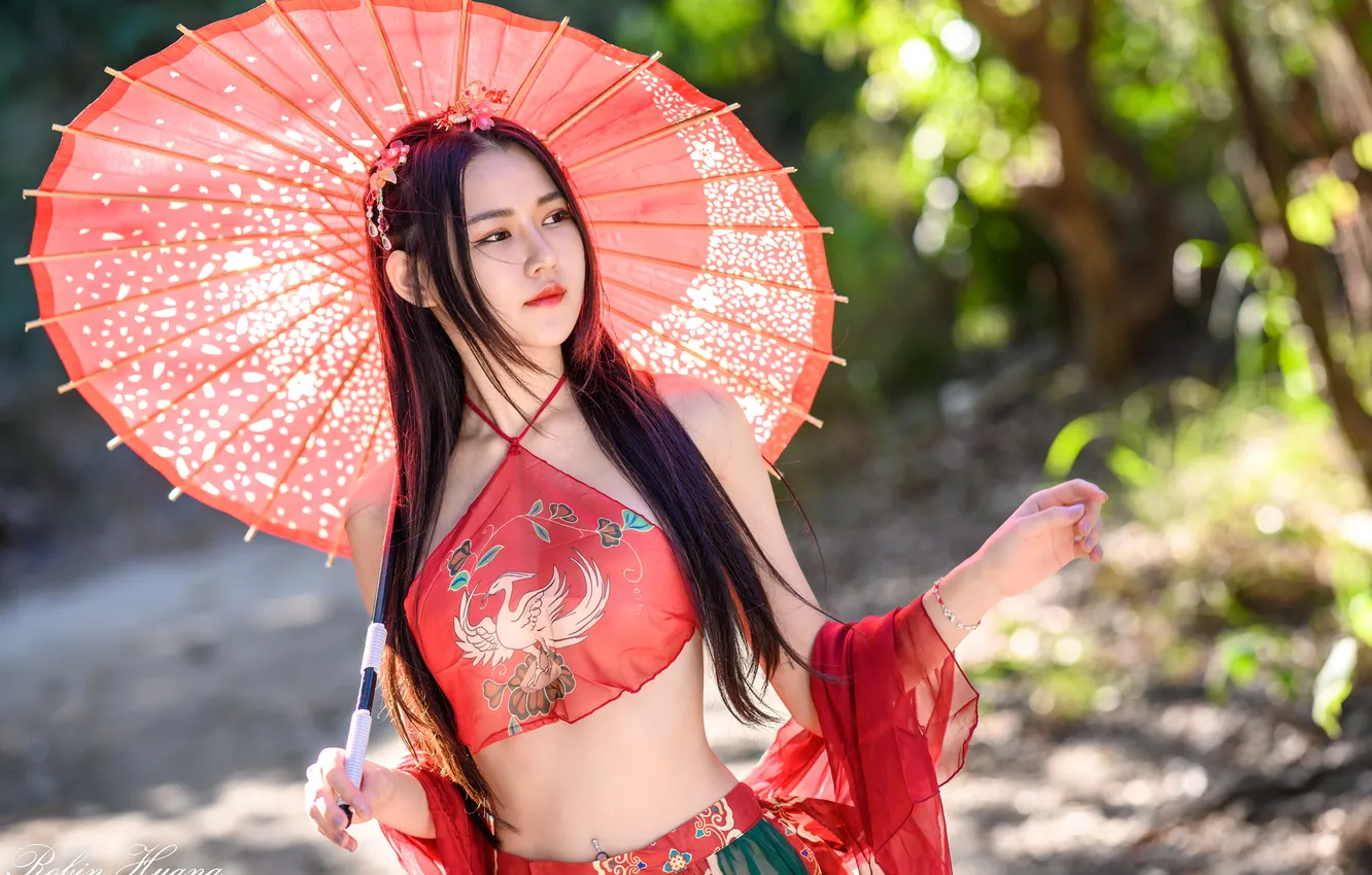 Photo wallpaper the sun, trees, pose, style, model, skirt, portrait, umbrella