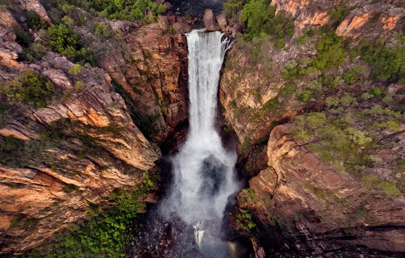 Photo wallpaper open, rocks, waterfall, the view from the top