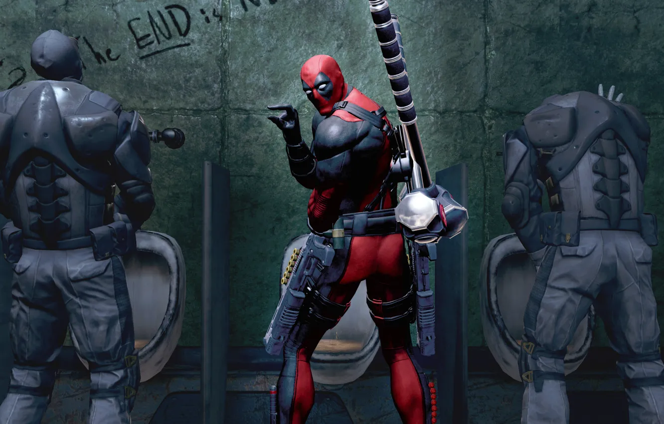 Photo wallpaper weapons, Marvel, Deadpool, Wade Wilson, Deadpool: The Game, toilet, antihero