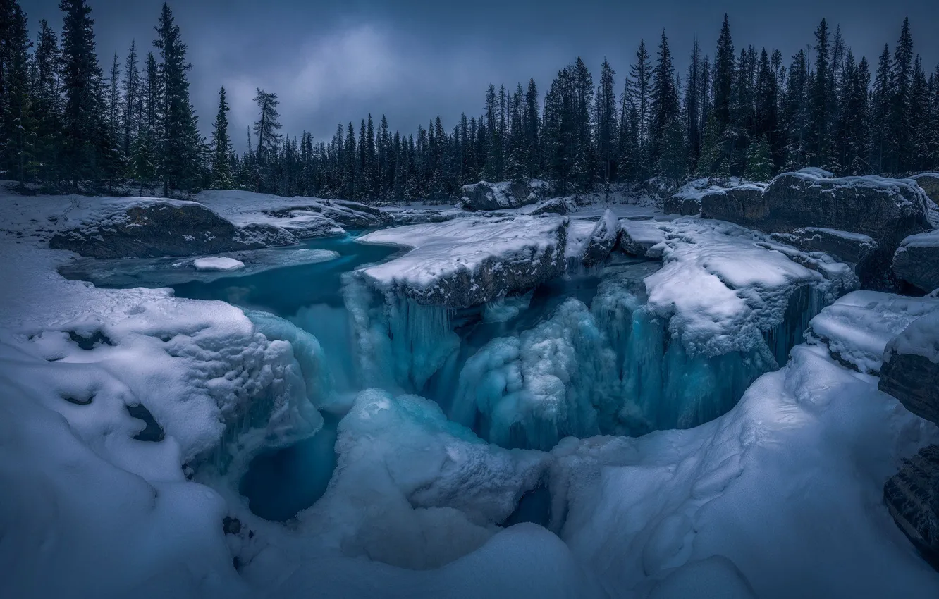 Photo wallpaper ice, winter, forest, snow, open, rocks, waterfall, ate