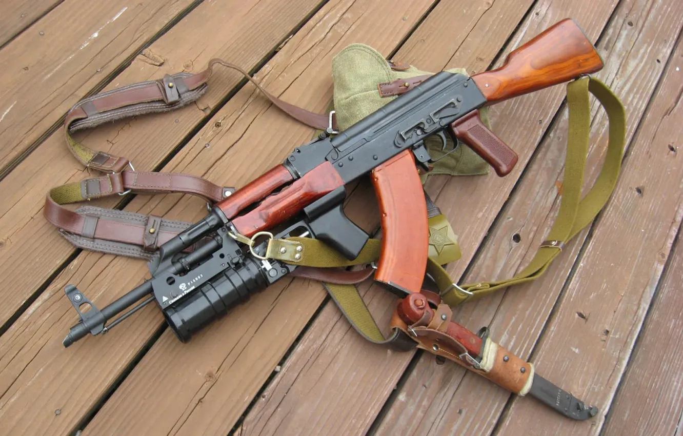 Photo wallpaper Board, AK-47, straps, cool, Kalashnikov, bayonet, made in Russia, grenade launcher