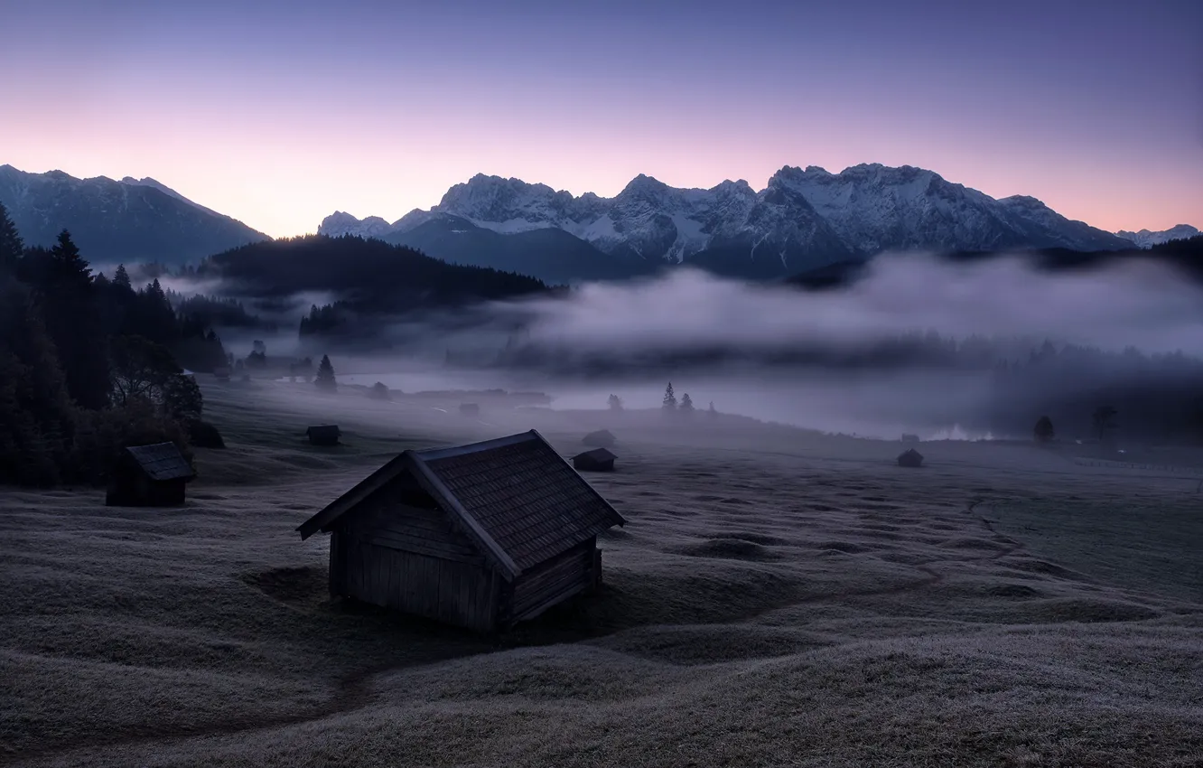 Photo wallpaper field, mountains, night, fog, Alps, house