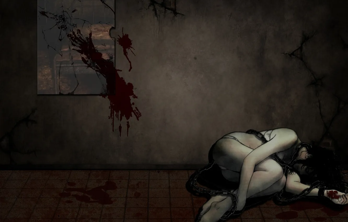 Photo wallpaper girl, cracked, wall, blood, anime, chain, floor
