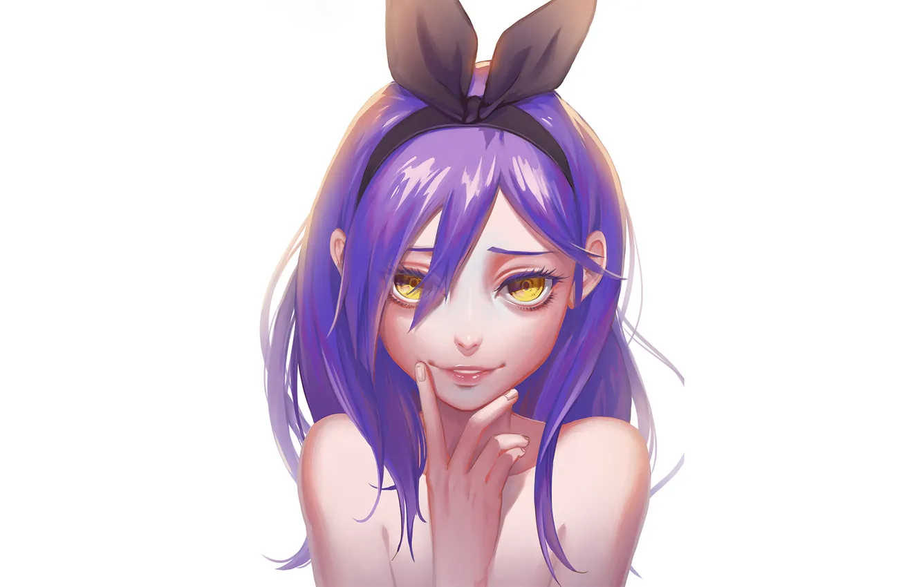 Photo wallpaper girl, smile, bow, yellow eyes, purple hair, bezel