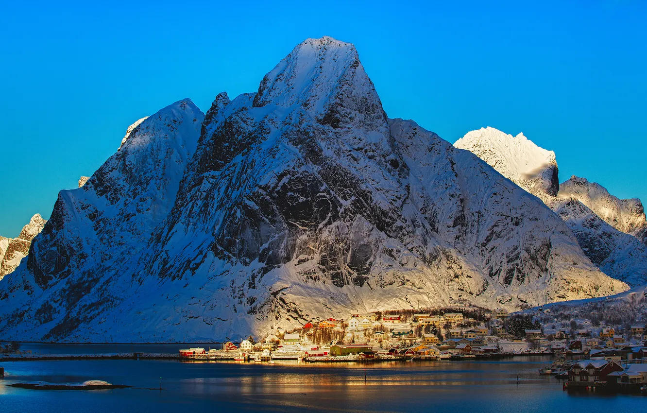 Photo wallpaper winter, snow, mountains, nature, river, home