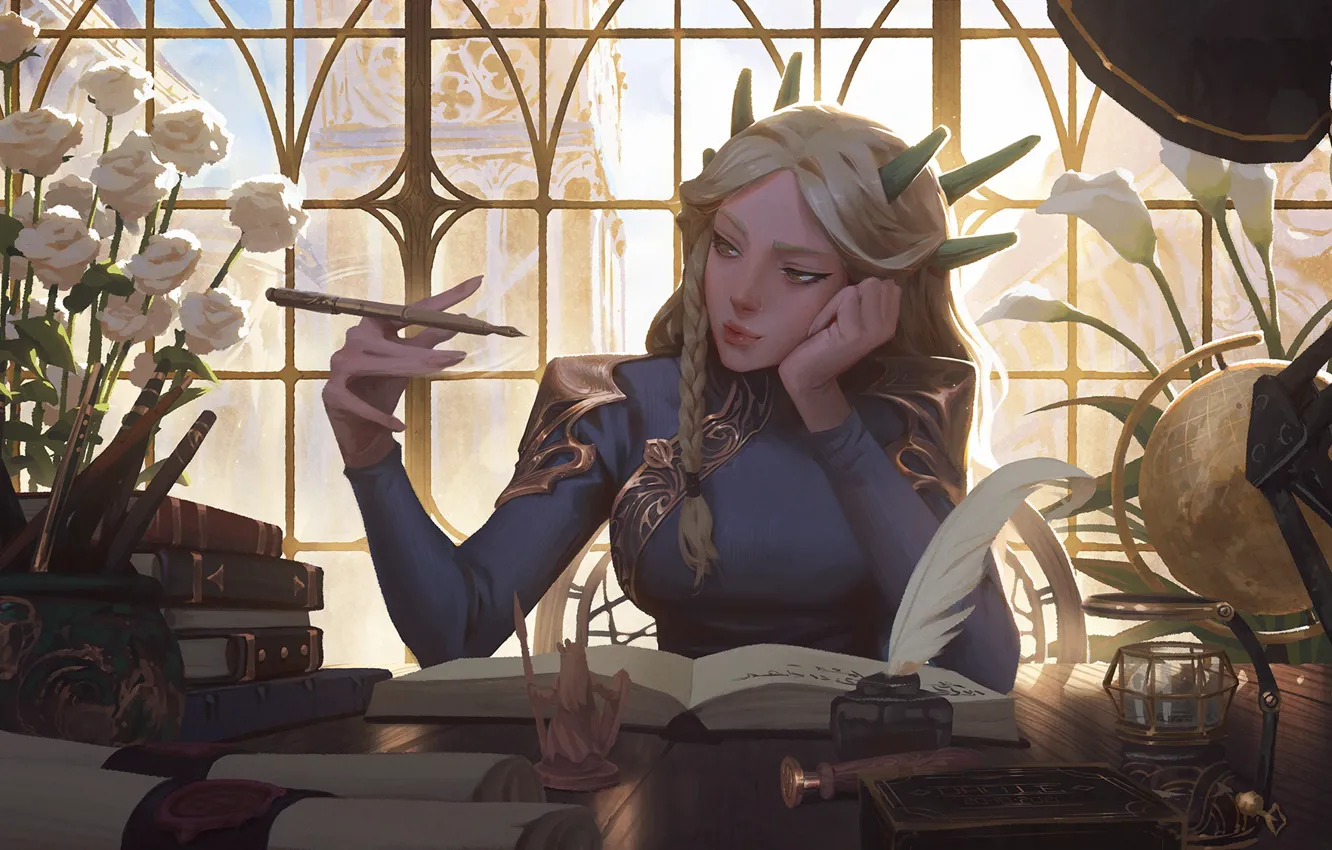 Photo wallpaper look, girl, window, handle, book, girl, gesture, window